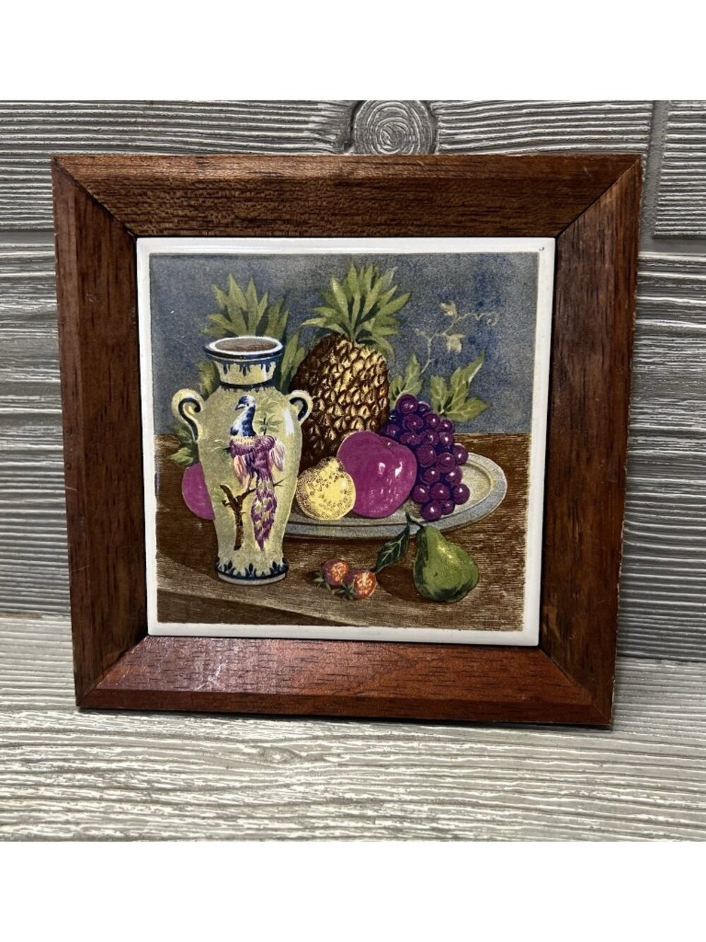 Vintage Wood Framed Ceramic Tile Fruit and Vase Still Life Wales 5.75” Japan